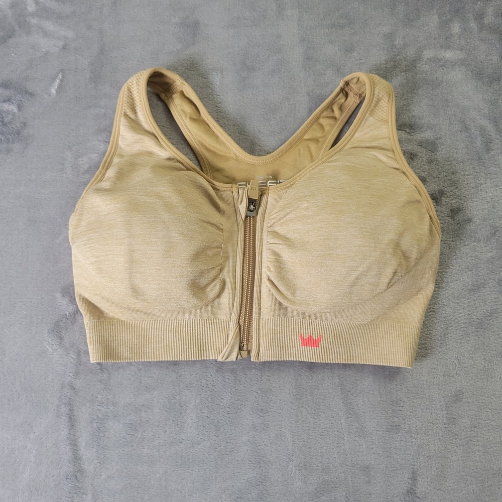SHEFIT Lounge Sports Bra Medium Honey Wheat Zip Front Racerback Seamless